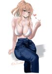  1girl alternate_costume artist_name bare_shoulders bikini blue_eyes breasts brown_hair cleavage commentary_request crop_top crossed_arms dr.plankton hair_between_eyes heart high_side_ponytail highres kantai_collection large_breasts long_hair looking_at_viewer ponytail saratoga_(kancolle) side_ponytail sitting solo swimsuit white_bikini 