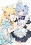  ;3 ahoge animal_ears apron black_dress blonde_hair blue_dress blue_eyes blue_hair bow bowtie character_request copyright_request dress flying_sweatdrops gender_request heart heart_hands heart_hands_duo highres long_hair looking_at_viewer maid maid_headdress measho one_eye_closed open_mouth orange_bow orange_bowtie puffy_short_sleeves puffy_sleeves purple_eyes sample_watermark short_dress short_hair short_sleeves twintails watermark white_apron 