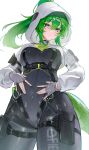  1girl a-chuang absurdres arknights arknights:_endfield black_bodysuit bodysuit commentary_request covered_navel cowboy_shot crocodile_girl crocodilian_tail fingerless_gloves fluorite_(arknights) gloves green_eyes green_hair hair_between_eyes high_ponytail highres hood hoodie long_hair looking_at_viewer midriff ponytail simple_background solo tail white_background white_hoodie 