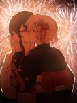  2girls aerial_fireworks back_bow black_hair black_kimono blush bow chinese_commentary closed_eyes commentary_request commission couple fireworks flower hair_flower hair_ornament hand_on_another's_face highres japanese_clothes jewelry kimono kiss long_hair mahou_shoujo_no_majo_saiban multiple_girls nikaido_hiro obi pink_flower red_eyes ring sakaki_(auras_beichny) sakuraba_ema sash second-party_source short_hair wedding_ring white_hair white_kimono yuri 