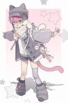  1girl :d animal_hat black_shorts boots border bow cat_girl cat_hat cat_tail commentary commission double-parted_bangs full_body gradient_background grey_boots grey_bow grey_hat grey_jacket grey_thighhighs hair_between_eyes hat hat_bow highres jacket long_sleeves ongsik open_clothes open_jacket open_mouth original outside_border outstretched_arms pink_background pink_hair polka_dot polka_dot_background polka_dot_scarf print_thighhighs scarf short_hair shorts single_thighhigh smile solo spread_arms standing star_(symbol) star_print sweater tail thighhighs white_border white_scarf white_sweater 
