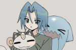  1boy black_shirt blue_hair commentary_request green_eyes grey_background highres james_(pokemon) male_focus meowth minsae pokemon pokemon_(anime) pokemon_(classic_anime) pokemon_(creature) pokemon_focus portrait shirt sitting team_rocket wobbuffet 