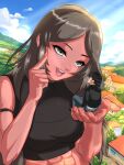 1boy 1girl abs black_hoodie black_shirt blue_sky blush breasts commentary crop_top day english_commentary finger_to_face giant giantess grey_eyes grey_pants highres hood hood_down hoodie house in_palm index_finger_raised islavalez large_breasts light_rays long_hair looking_at_another open_mouth outdoors pants rural shirt short_hair sitting sitting_on_hand size_difference sky sleeveless sleeveless_shirt smile sunbeam sunlight tan 