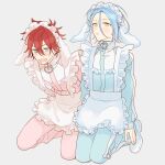  2boys :d amagi_rinne animal_ears apron arms_at_sides blue_eyes blue_hair blue_track_suit commentary_request crossdressing crossdressing_(mtf) ear_piercing ensemble_stars! fake_animal_ears frilled_apron frills full_body grey_background hair_between_eyes heart_pendant himeru_(ensemble_stars!) jersey_maid kneehighs leaning_forward light_blush long_hair_between_eyes long_sleeves maid maid_apron maid_headdress male_focus multiple_boys ninami73 open_mouth parted_lips piercing pink_track_suit rabbit_ears red_hair shoes simple_background smile socks tenshi_kaiwai track_suit unconventional_maid white_apron white_shoes yellow_eyes 