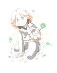  1boy black_jacket black_pants clover commentary_request four-leaf_clover full_body hanamura_yousuke hand_on_ground headphones headphones_around_neck highres holding holding_clover holding_plant incoming_gift jacket kkyagdoyo164972 kneeling korean_commentary long_sleeves looking_at_viewer male_focus open_mouth orange_eyes orange_hair pants persona persona_4 plant school_uniform shoes short_hair simple_background smile solo white_background yasogami_school_uniform 