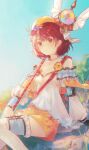  1girl absurdres alternate_costume anniversary atelier_(series) atelier_sophie blue_sky breasts cleavage closed_mouth commentary english_commentary hat highres holding holding_staff neema_(oneemasan) outdoors red_hair sitting sky small_breasts solo sophie_neuenmuller sophie_neuenmuller_(new_self) staff yellow_hat 