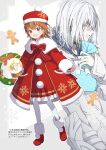  1boy 1girl accelerator_(toaru_majutsu_no_index) albino black_choker brown_eyes brown_hair child choker christmas_sweater christmas_wreath commentary_request facing_to_the_side facing_viewer gift gingerbread_cookie hat holding holding_gift last_order_(toaru_majutsu_no_index) medium_hair polka_dot s_m_831 santa_hat toaru_majutsu_no_index translation_request white_polka_dots wreath 