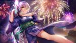  1girl aerial_fireworks backlighting blue_kimono blurry blurry_background blush breasts cherry_blossom_print cowboy_shot dutch_angle festival fireworks floral_print floral_print_kimono furrowed_brow glasses glint green_eyes green_pupils green_sash grey_hair gun hair_between_eyes hands_up heaven_burns_red highres holding holding_gun holding_weapon izumi_yuki izumi_yuki_(stewartia_dazzling_noctilucent_star) japanese_clothes kimono large_breasts light_particles looking_at_viewer night official_alternate_costume official_art open_mouth outdoors over_shoulder print_kimono round_eyewear sash sidelocks solo standing sweatdrop tassel third-party_source upskirt wavy_mouth weapon weapon_over_shoulder yukata 
