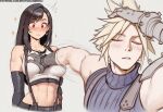  1boy 1girl abs ai-generated black_hair blonde_hair blush breasts cloud_strife commentary earrings elbow_gloves english_commentary erotic_nansensu final_fantasy final_fantasy_vii final_fantasy_vii_remake gloves grabbing_another's_breast groping jewelry large_breasts meme midriff naoya_hitting_choso_without_looking_(meme) navel parody red_eyes simple_background single_earring skirt sleeveless suspenders sweater tank_top tifa_lockhart turtleneck turtleneck_sweater white_background white_tank_top 