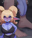  absurd_res big_breasts biped black_clothing blonde_hair blue_body blush bodily_fluids bottomwear breasts clothed clothing cranihum feet female female_penetrated foot_focus genital_fluids glistening glistening_body hair hi_res humanoid larger_male league_of_legends leg_cropped_sex male male/female male_penetrating offscreen_sex open_mouth penetration poppy_(lol) pupils riot_games sex size_difference smaller_female smile tencent topwear vaginal_fluids wide_hips yordle 