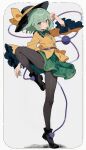  1girl ai-generated boots breasts commentary_request frills green_eyes green_hair hat highres komeiji_koishi looking_at_viewer medium_hair one_eye_closed pantyhose shirt skirt small_breasts standing standing_on_one_leg touhou usamiverse 