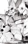  2boys assault_visor boat bullet_hole commentary_request damaged earth_federation from_side greyscale ground_gm gundam gundam_08th_ms_team helmet highres mecha mecha_focus mecha_pilot_suit mobile_suit monochrome multiple_boys normal_suit_(gundam) open_cockpit outdoors pilot_helmet robot science_fiction takagi_shuei water watercraft 