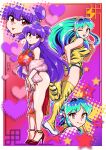 2girls 54kmlikeuniform absurdres animal_print artist_name ass_peek bell bow breasts china_dress chinese_clothes crossover double_bun dress green_hair hair_bell hair_bow hair_bun hair_ornament heart high_heels highres horns lum multiple_girls one_eye_closed oni open_mouth orange_eyes purple_hair ranma_1/2 red_dress red_eyes red_shoes shampoo_(ranma_1/2) shoes sidelocks signature smile star_(symbol) thighhighs tiger_print tongue tongue_out urusei_yatsura white_shoes yellow_dress yellow_thighhighs 