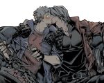  2boys absurdres arm_belt belt belt_buckle black_belt black_gloves black_pants black_shirt blue_coat blue_eyes blush buckle coat collared_shirt couch dante_(devil_may_cry) devil_may_cry_(series) devil_may_cry_5 gloves grey_hair gun hand_on_another's_head handgun highres holding holding_sword holding_weapon incest jacket kiss long_sleeves male_focus multiple_boys nero_(devil_may_cry) pants pizzaaschoolll red_jacket red_shirt shirt simple_background sitting surprised sword uncle_and_nephew weapon white_background wide-eyed yaoi 
