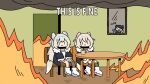  2girls 3girls animal_ear_fluff animal_ears animated animated_gif bandaid bandaid_hair_ornament belt black_collar black_hair blonde_hair blue_hair blue_hairband blue_streaks burning burning_building chair collar commentary cup dog_ears dog_girl dog_tail double_v english_commentary english_text fake_horns fire fongban_illust fuwawa_abyssgard fuwawa_abyssgard_(1st_costume) hair_ornament hairband hololive hololive_english horn_hairband horns indoors long_hair looping_animation meme mococo_abyssgard mococo_abyssgard_(1st_costume) mug multicolored_hair multiple_girls nerissa_ravencroft picture_frame pink_belt pink_hairband pink_streaks shirt short_hair siblings sisters sitting smile smoke streaked_hair table table_flip tail this_is_fine_(meme) throwing twins v virtual_youtuber 