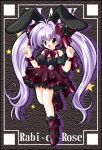  1girl alternate_color animal_ears ascot back_bow bad_id black_shirt black_socks bow bowtie chirorian di_gi_charat dice_hair_ornament full_body hair_bow hair_ornament hands_up long_hair looking_at_viewer open_mouth purple_ascot purple_bow purple_bowtie purple_hair purple_shoes purple_skirt rabbit_ears shirt shoes skirt smile socks solo spade_(shape) standing standing_on_one_leg star_(symbol) twintails usada_hikaru very_long_hair w_arms wrist_bow wristband 
