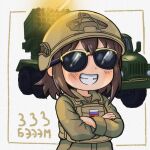  1girl 333_(russian_symbol) body_armor brown_hair combat_helmet fast_helmet flag_patch fyugins_png grin helmet jacket military military_combat_uniform military_truck military_uniform military_vehicle motor_vehicle original russian_flag russian_ground_forces russo-ukrainian_war self-propelled_artillery short_hair smile soldier solo sunglasses truck vehicle_request 
