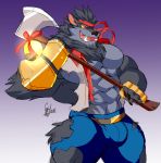  anthro axe bulge canine clothed clothing colored_sketch daikitei male mammal melee_weapon muscular muscular_male open_mouth smile solo standing weapon 