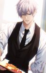  1boy absurdres arm_behind_back black_necktie black_vest blue_eyes closed_mouth collared_shirt commentary_request dated gojou_satoru highres holding holding_plate jujutsu_kaisen male_focus may_(illust_man_2020) necktie parted_lips plate shirt short_hair signature solo teeth vest waistcoat waiter white_hair white_shirt 