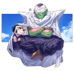  2boys aged_down black_eyes black_hair cape child colored_skin commentary_request crossed_arms dougi dragon_ball dragon_ball_z floating green_skin highres looking_at_another male_focus masanaga_(tsukasa) multiple_boys namekian notice_lines open_mouth piccolo pointy_ears son_gohan spoken_sweatdrop sweatdrop turban white_cape wristband 