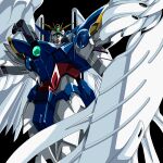  absurdres armor armored_skirt black_background chest_jewel commentary feathered_wings gem green_eyes green_gem gundam gundam_wing gundam_wing:_endless_waltz highres joints kds_(0049) mecha mecha_focus mechanical_wings mobile_suit no_humans no_pupils robot robot_joints science_fiction shoulder_armor simple_background solo v-fin wing_gundam_zero_custom wings 