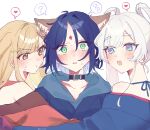  3girls :t ? ?? animal_ears bare_shoulders black_hair blonde_hair blue_eyes blue_hair blue_hoodie blush cho_kaguya-hime! collarbone colored_inner_hair commentary crescent crescent_hair_ornament forehead_jewel fox_ears girl_sandwich green_eyes hair_ornament halterneck heart highres hood hoodie kaguya_(cho_kaguya-hime!) long_hair looking_at_another lop_rabbit_ears multicolored_eyes multicolored_hair multiple_girls open_mouth orange_eyes parted_lips pink_eyes pink_hair pout rabbit_ears sakayori_iroha sandwiched short_hair spoken_heart spoken_question_mark sweat twitter_username upper_body watanabe_(at_hpen) white_background white_hair yuri 