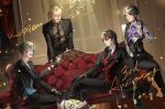  4boys :d ;d ^_^ alcohol anniversary arm_support ascot black_bridal_gauntlets black_choker black_gloves black_hair black_jacket black_necktie black_pants black_suit black_vest blonde_hair blonde_streaks blue_hair blue_vest bouquet braid bridal_gauntlets brooch brown_hair brown_shirt champagne champagne_bottle champagne_flute chandelier chest_harness choker closed_eyes clothing_cutout coffee_table collared_shirt commentary confetti couch crossed_legs cup curtains dress_pants drinking_glass dutch_angle earrings english_commentary feet_out_of_frame flower formal_clothes gem glasses glove_cutout gloves green_flower green_rose grin group_name group_picture hair_between_eyes hair_over_shoulder hand_on_own_knee hand_up happy harness holding holding_cup ike_eveland indoors jacket jewelry lapels long_hair long_sleeves looking_at_another low-tied_long_hair luca_kaneshiro luxiem male_focus multicolored_hair multiple_boys muntins necktie nijisanji nijisanji_en notched_lapels on_couch one_eye_closed one_side_up open_clothes open_jacket pants parted_lips partially_fingerless_gloves pink_streaks purple_ascot purple_eyes purple_gem purple_streaks red_hair red_vest ring rose sazanaminn shirt short_hair shu_yamino single_braid sitting smile standing streaked_hair suit suit_jacket swept_bangs table tie_clip vest virtual_youtuber vox_akuma white_flower white_rose white_shirt window wooden_table yellow_eyes 