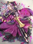  1girl absurdres artist_name black_leggings black_shoes bodystocking breasts bridal_gauntlets cape commentary covered_navel dark_persona dragonstone eyes_of_grima female_robin_(fire_emblem) female_robin_(grima)_(fell_tactician)_(fire_emblem) female_robin_(grima)_(fire_emblem) fire_emblem fire_emblem_awakening fire_emblem_cipher fire_emblem_heroes glowing glowing_gem hair_ornament hand_tattoo highres kinako_5108 leggings long_hair looking_at_viewer lying medium_breasts navel official_alternate_costume on_back parted_lips petals purple_cape red_eyes see-through_cleavage see-through_clothes shoes solo tattoo twintails watermark white_hair 