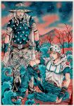  2boys absurdres aqua_bridal_gauntlets aqua_eyes aqua_lips aqua_shirt aqua_sleeves bare_tree beanie belt belt_buckle blue_pants brown_belt buckle cape english_commentary floral_print goggles goggles_on_headwear grey_cape grey_hair grey_hat grey_pants grey_sleeves gyro_zeppeli hat hat_over_eyes heart_ornament highres holster hood hood_down hoodie horse_print horseshoe_hat_ornament horseshoe_ornament johnny_joestar jojo_no_kimyou_na_bouken long_hair makeup male_focus medium_hair mountain multiple_boys orange_hair painting_(medium) pants parted_lips shirt sitting standing star_(symbol) star_print steel_ball_(jojo) steel_ball_run traditional_media tree two-tone_sleeves watercolor_(medium) white_hat white_hoodie white_sleeves xfkart 