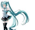  1girl absurdres aqua_hair aqua_necktie aqua_trim arm_tattoo arms_behind_back bare_shoulders black_boots black_skirt black_sleeves blush boots breasts clip_studio_paint_(medium) closed_eyes collared_shirt commentary_request detached_sleeves grey_shirt hair_between_eyes hair_ornament hatsune_miku hatsune_miku_(vocaloid4) headset highres long_hair long_sleeves medium_breasts miniskirt necktie pleated_skirt shirt simple_background skirt sleeveless sleeveless_shirt small_breasts smile solo standing tattoo tatyaoekaki teeth thick_thighs thigh_boots thighs tie_clip twintails v4x very_long_hair vocaloid white_background zettai_ryouiki 