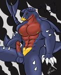  2012 abs anthro balls biceps claws erection fangs fin garchomp looking_at_viewer male muscles nintendo nipples nude pecs penis plain_background pok&#233;mon pokemon pose saixyuniz-xynz solo spikes video_games 