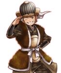  1boy brown_eyes brown_hair commentary_request facial_hair fur_(clothing) grin hand_on_own_hip hat homa_kura japanese_clothes male_focus mustache mutton_chops one_eye_closed salute sengoku_musou short_hair simple_background smile solo toyotomi_hideyoshi_(sengoku_musou) 