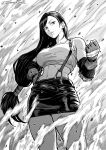  1girl abs belt breasts clenched_hand commentary crop_top elbow_pads final_fantasy final_fantasy_vii fingerless_gloves gloves greyscale hand_on_own_hip highres large_breasts long_hair looking_to_the_side low-tied_long_hair miniskirt monochrome parted_lips seveninks single_elbow_pad skirt solo standing suspender_skirt suspenders thighs tifa_lockhart toned toned_female 