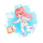  1girl =_= animal animal_print belt belt_buckle blue_shirt blue_sky blush_stickers bow bow_choker bowtie brown_eyes buckle cat chibi chinese_commentary choker cloak clothed_animal cloud commentary_request commission day denim denim_shorts ear_covers eyelashes falling fish_print frilled_sleeves frills hair_tie highres hood hood_up hooded_cloak infinity_nikki jacket light_blush long_hair long_sleeves looking_ahead momo_(nikki) nikki_(nikki) nikki_(series) open_clothes open_jacket open_mouth outdoors over-kneehighs pink_bow pink_bowtie pink_choker pink_hair pink_ribbon ponytail print_shirt puffy_long_sleeves puffy_sleeves red_bow red_bowtie ribbon sailor_collar sample_watermark shirt shoes shorts single_stripe sky sleeve_ribbon sleeves_past_wrists smile sneakers socks striped_bow striped_bowtie striped_choker striped_clothes teeth thighhighs too_many_watermarks traditional_bowtie upper_teeth_only very_long_hair watermark watermark_grid whiskers white_background white_belt white_cat white_jacket white_sailor_collar white_shoes white_shorts white_socks yellow_cloak yunjian91512 