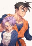  2boys absurdres black_eyes black_hair bowl_cut capsule_corp closed_mouth clothes_writing collarbone commentary_request cowlick dougi dragon_ball dragon_ball_z english_text hand_on_another's_head height_difference highres male_focus masanaga_(tsukasa) multiple_boys muscular muscular_male parted_lips pectoral_cleavage pectorals purple_hair raglan_sleeves scar scar_on_cheek scar_on_face scar_on_forehead shirt short_hair simple_background smile son_gohan son_gohan_(future) spiked_hair trunks_(dragon_ball) trunks_(future)_(dragon_ball) upper_body white_background 