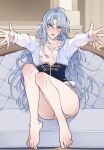  1boy alternate_costume antenna_hair bare_legs bare_pectorals barefoot black_corset blue_eyes blue_hair blue_shirt blurry blurry_foreground blush buttons collarbone commentary_request convenient_leg corset couch curtained_hair double-breasted edmond_(nu_carnival) foreshortening full_body furrowed_brow hair_between_eyes head_tilt highres incoming_hug indoors inverted_nipples knees_up legs long_hair long_sleeves lower_teeth_only male_focus messy_hair narrow_waist nipples nu_carnival on_couch open_clothes open_mouth open_shirt outstretched_arms panties parted_bangs pectorals reaching reaching_towards_viewer shirt side-tie_panties sitting solo teeth underwear v-shaped_eyebrows very_long_hair white_panties your_yanjiu 