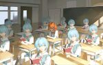  6+girls arms_on_table ayanami_rei black_socks blue_eyes blue_hair blue_skirt book chair classroom clone commentary desk double-parted_bangs elbow_on_table eogsukim82700 hair_ornament hands_on_table highres holding holding_book indoors long_hair looking_down looking_to_the_side multiple_girls neon_genesis_evangelion no_mouth no_nose orange_hair red_eyes red_ribbon ribbon school_uniform shirt short_hair short_sleeves sitting skirt socks souryuu_asuka_langley sunlight surreal suspender_skirt suspenders tokyo-3_middle_school_uniform white_shirt white_socks window_shadow 