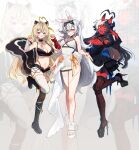  3girls absurdres ahoge akumi_(yoclesh) akumi_(yoclesh)_(cosplay) alternate_animal_ears alternate_skin_color alternate_species alternate_tail animal_ears arm_tattoo arm_warmers artist_collaboration bare_shoulders black_boots black_bow black_choker black_dress black_shoes black_shorts black_thighhighs blonde_hair blue_eyes blue_nails boots bow breasts choker cleavage colored_skin commentary cosplay costume_switch demon_girl demon_horns dress ear_piercing earrings english_commentary eyelashes fang fingernails grey_hair hair_between_eyes hair_bow hair_ornament hairclip heart heart_ahoge high_heels highres horns indie_virtual_youtuber jewelry long_hair midriff mismatched_arm_warmers mismatched_thighhighs momote momote_(vtuber) momote_(vtuber)_(cosplay) multicolored_hair multiple_girls navel one_side_up oni open_mouth paw_pose piercing pointy_ears rabbit_ears rabbit_girl rabbit_tail red_eyes red_hair red_horns red_skin sandals scar scar_on_arm scar_on_leg shoes short_shorts shorts skin_fang skunk_ears skunk_girl skunk_tail smile split-color_hair standing standing_on_one_leg star_(symbol) star_tattoo tail tattoo thigh_strap thighhighs toes v very_long_hair virtual_youtuber white_dress white_hair white_sandals yellow_eyes yenko_(vtuber) yenko_(vtuber)_(cosplay) yenkoes yoclesh zettai_ryouiki 