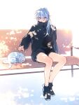  1boy alternate_costume ankle_socks black_jacket black_shoes black_shorts bloom blue_eyes blue_hair blush cat covered_mouth dappled_sunlight day double-parted_bangs edmond_(nu_carnival) full_body hair_between_eyes hair_over_shoulder high_collar high_ponytail highres jacket legs long_hair long_sleeves looking_at_animal male_focus nu_carnival on_bench outdoors ponytail reaching reaching_towards_another shoes shorts sleeping_animal sneakers socks solo sunlight track_jacket white_background white_cat white_socks your_yanjiu 