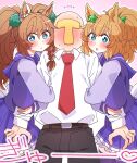  1boy 2girls absurdres animal_ears arm_hug belt blast_onepiece_(umamusume) blue_eyes blush braid breasts collared_shirt commentary_request ear_ornament fluffy_hair hair_ornament highres horse_ears horse_girl horse_tail kaijin_debeso large_breasts multiple_girls necktie orange_hair purple_shirt red_necktie school_uniform shirt side_braid simple_background star_(symbol) star_hair_ornament taiki_shuttle_(umamusume) tail tracen_school_uniform umamusume white_background white_shirt 