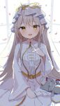  1girl :d \||/ backlighting belt blush bridal_veil bride brown_hair charlotta_skopovskaya charlotta_skopovskaya_(innocent_nevesta) commentary_request cowboy_shot dress falling_petals furrowed_brow glint hand_up heaven_burns_red highres jewelry long_hair long_sleeves looking_at_viewer official_alternate_costume open_mouth petals ring rinki_oohen sidelocks simple_background smile solo stuffed_animal stuffed_cat stuffed_toy veil very_long_hair wedding_dress wedding_ring white_background white_dress white_veil wide_sleeves yellow_belt yellow_eyes 