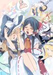  6+girls absurdres alice_margatroid apron ascot black_hair black_skirt black_vest blonde_hair blue_eyes blue_skirt blue_tabard blush bow braid camera carrying carrying_person closed_eyes commentary_request detached_sleeves frilled_bow frilled_hair_tubes frills hair_bow hair_tubes hakurei_reimu hat hat_bow hat_ribbon highres holding holding_camera horns hoshiguma_yuugi kirisame_marisa long_hair mob_cap multiple_girls oni open_mouth princess_carry purple_tabard red_bow red_horns red_skirt ribbon ribbon-trimmed_sleeves ribbon_trim shameimaru_aya shi_chimi shirt side_braid single_braid single_horn skirt skirt_set sweatdrop tabard touhou very_long_hair vest waist_apron white_bow white_shirt witch_hat yakumo_ran yakumo_yukari yellow_ascot yellow_eyes yuri 