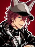  1boy amagi_rinne animal_ear_fluff animal_ears baseball_cap black_jacket blue_eyes commentary crossed_bangs ears_through_headwear ensemble_stars! grey_hat hair_between_eyes hat highres jacket kemonomimi_mode looking_at_viewer male_focus open_mouth outline philosophia portrait red_background red_hair short_hair simple_background smile solo white_outline 