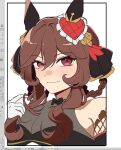  1girl animal_ears art_program_in_frame braid braided_hair_rings breasts brown_hair cleavage closed_mouth ear_covers ear_ornament gentildonna_(regina_dei_fiori)_(umamusume) gentildonna_(umamusume) gloves hair_between_eyes hair_rings horse_ears horse_girl jenn_(sinclairfan1) large_breasts looking_at_viewer protected_link purple_eyes see-through_cleavage see-through_clothes smile solo twirling_hair umamusume upper_body white_gloves 
