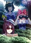  3girls absurdres agnes_digital_(umamusume) animal_ears binoculars black_hair blurry blush bokeh bow bowler_hat bowtie bush closed_eyes closed_mouth commentary depth_of_field english_commentary hair_bow hat highres holding holding_binoculars holding_notebook horse_ears horse_girl horseshoe_ornament kiseki_(umamusume) long_hair manjo_(warito) mejiro_dober_(umamusume) multiple_girls nature notebook open_mouth outdoors pink_hair puffy_short_sleeves puffy_sleeves purple_bow purple_bowtie purple_shirt red_bow sailor_collar sailor_shirt school_uniform shirt short_sleeves sunglasses tracen_school_uniform tree umamusume white_hat white_sailor_collar 