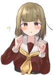  1girl :o ? blush brown_dress center-flap_bangs clenched_hands commentary_request cropped_torso dress hands_up hasu_no_sora_school_uniform highres hisho_(rythm_hisho) kachimachi_kosuzu link!_like!_love_live! long_sleeves looking_at_viewer love_live! medium_hair neckerchief open_mouth pink_eyes sailor_collar sailor_dress school_uniform side_ahoge simple_background solo upper_body virtual_youtuber white_background white_sailor_collar winter_uniform yellow_neckerchief 