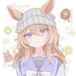  1girl animal_ears anzen_robo_(474zz) beanie bow bowtie brown_hair chibi chibi_inset closed_mouth commentary_request ears_through_headwear food fruit grey_hat grid_background hair_between_eyes hat horse_ears horse_girl kiwi_(fruit) kiwi_slice long_hair looking_at_viewer multiple_views nakayama_festa_(umamusume) purple_eyes purple_sailor_collar purple_shirt sailor_collar school_uniform shirt tracen_school_uniform twitter_username umamusume upper_body white_bow white_bowtie 
