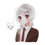  2boys akinashi_haru blue_eyes blush brown_cardigan cardigan chibi chibi_inset collared_shirt cropped_torso dress_shirt looking_at_viewer multiple_boys necktie red_eyes red_necktie rou_(h_s_sinrin) saihate_eki shirt simple_background smile tatsunami_shion upper_body white_background white_hair white_shirt 