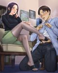  1boy 1girl age_difference ankle_socks anklet belt belt_buckle black_hair black_sandals black_shoes black_socks black_sweater blue_skirt blush book bookshelf breasts brown_belt brown_eyes brown_hair brown_shoes buckle chair clothes_lift collared_shirt commission disclaimer dress_shirt dress_shoes earrings eyelashes foot_on_another's_stomach gold_anklet green_eyes green_skirt grey_pantyhose hair_over_shoulder hand_on_own_face hand_on_own_leg hetero high-waist_skirt high_heel_sandals high_heel_slides high_heels jewelry kneeling kyuuso_inukami leg_up lips lipstick long_eyelashes long_hair long_sleeves looking_at_another looking_down makeup medium_breasts nail_polish nose_blush office_lady on_chair on_floor open_clothes open_mouth open_shirt original pants pantyhose parted_bangs parted_hair parted_lips pencil_skirt picture_frame pixiv_commission red_lips red_nails salaryman sandals shirt shirt_lift shoes short_hair skirt socks stepped_on sweat sweatdrop sweater teardrop_earrings toenail_polish toenails toes turtleneck turtleneck_sweater unbuttoned unbuttoned_shirt undershirt undressing white_shirt wooden_chair 