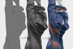  1boy arms_up arrow_(symbol) belt black_coat black_hat black_pants brown_belt coat commentary_request grey_background grey_hair greyscale hat highres ingo_(pokemon) long_sleeves male_focus monochrome moriyuisu pants peaked_cap pokemon pokemon_black_and_white shirt short_hair stretching watermark white_shirt 